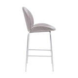 Grey velvet bar stool with chrome legs shown in side profile
