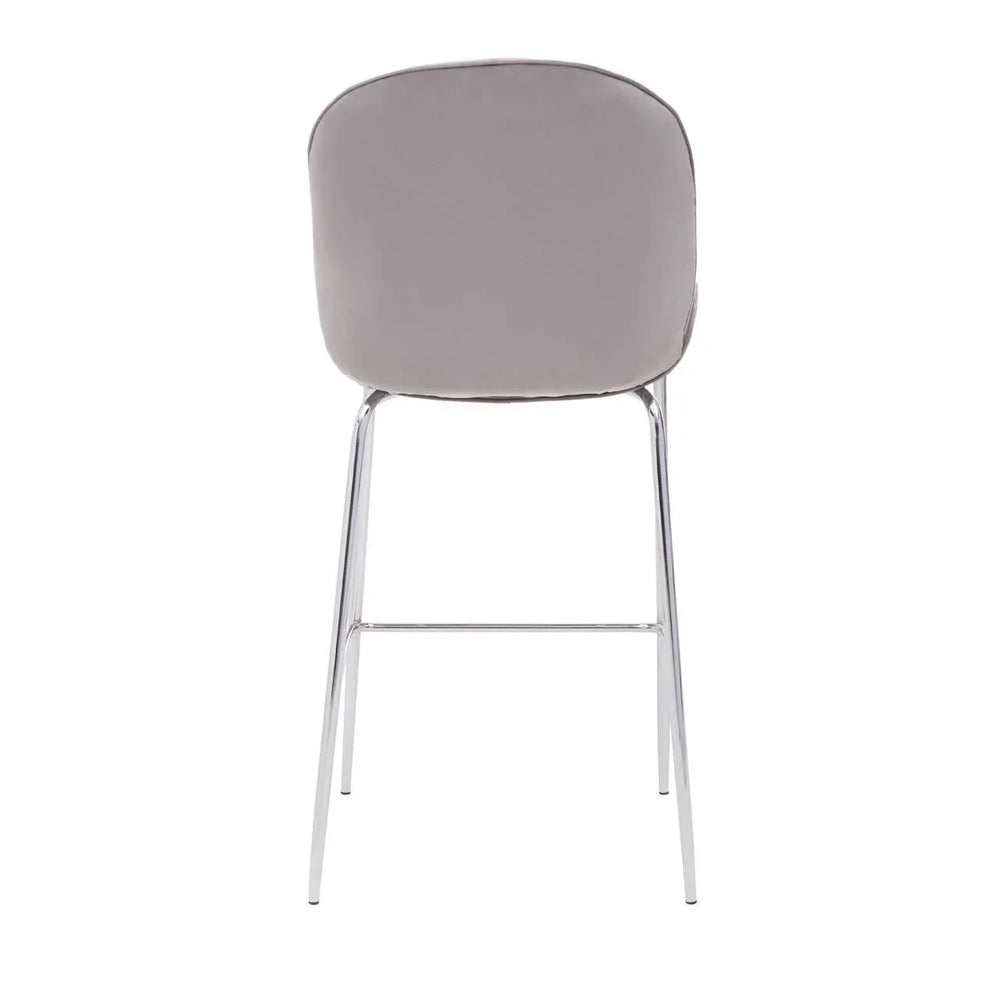 Grey upholstered dining chair with chrome legs, rear view