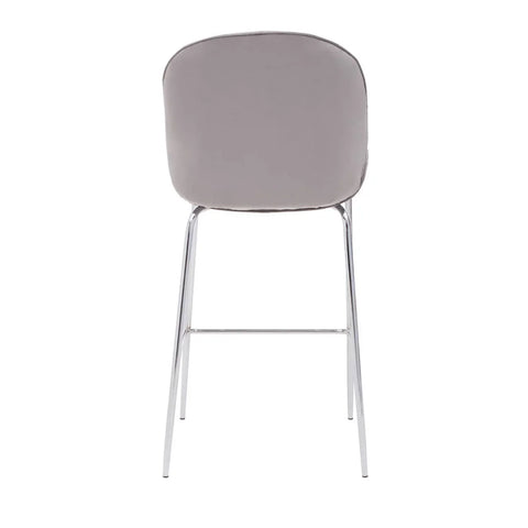 Grey upholstered dining chair with chrome legs, rear view