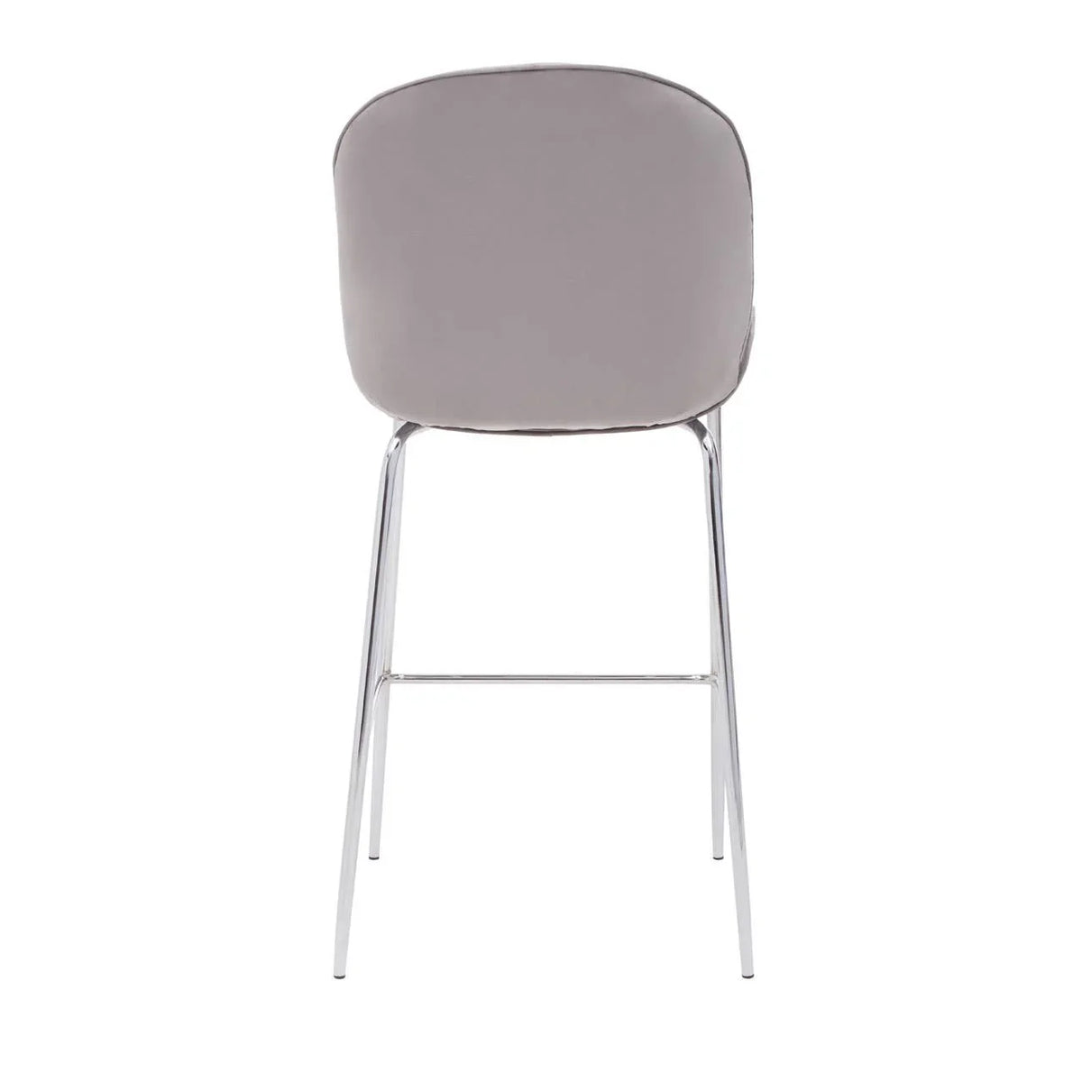 Grey upholstered dining chair with chrome legs, rear view
