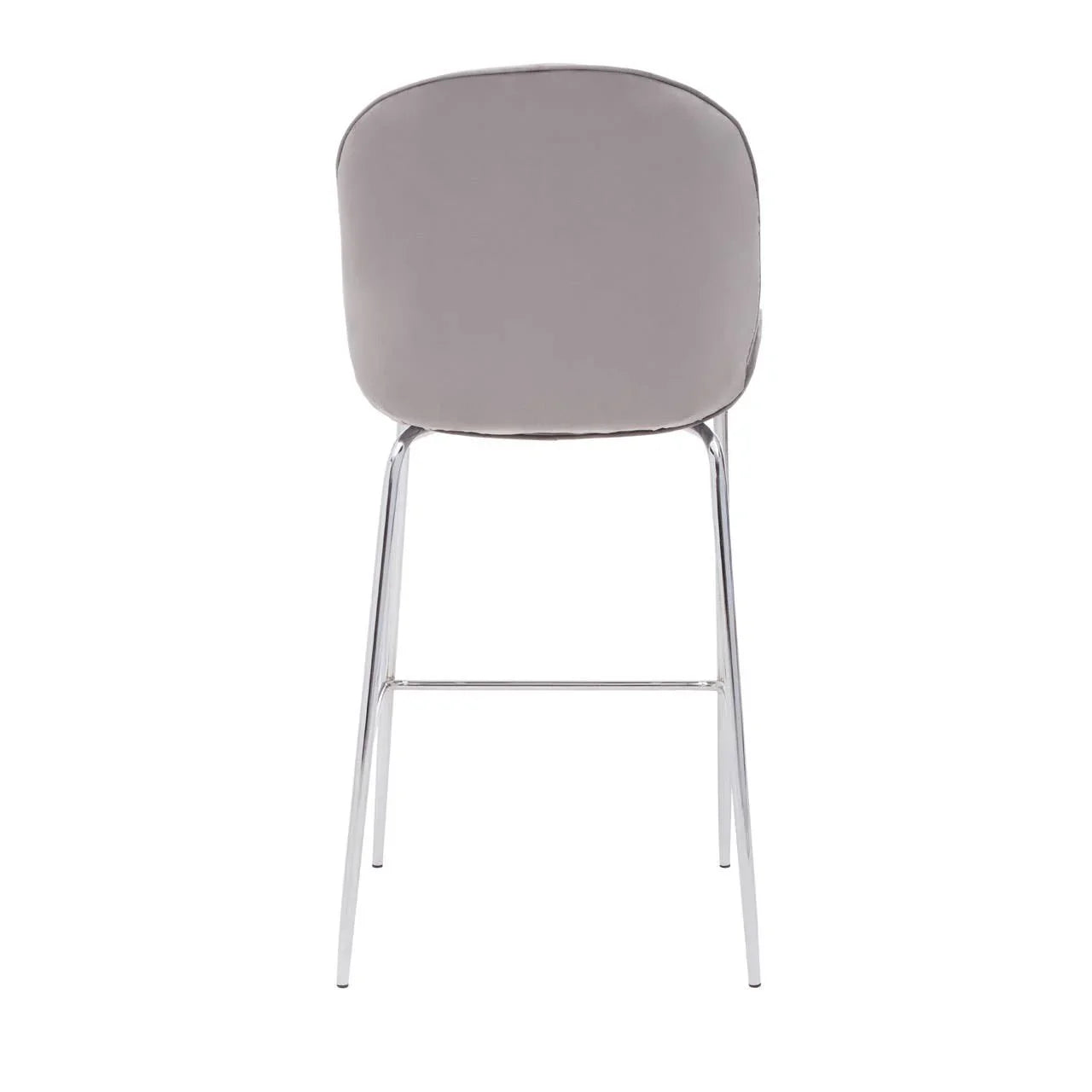 Grey upholstered dining chair with chrome legs, rear view