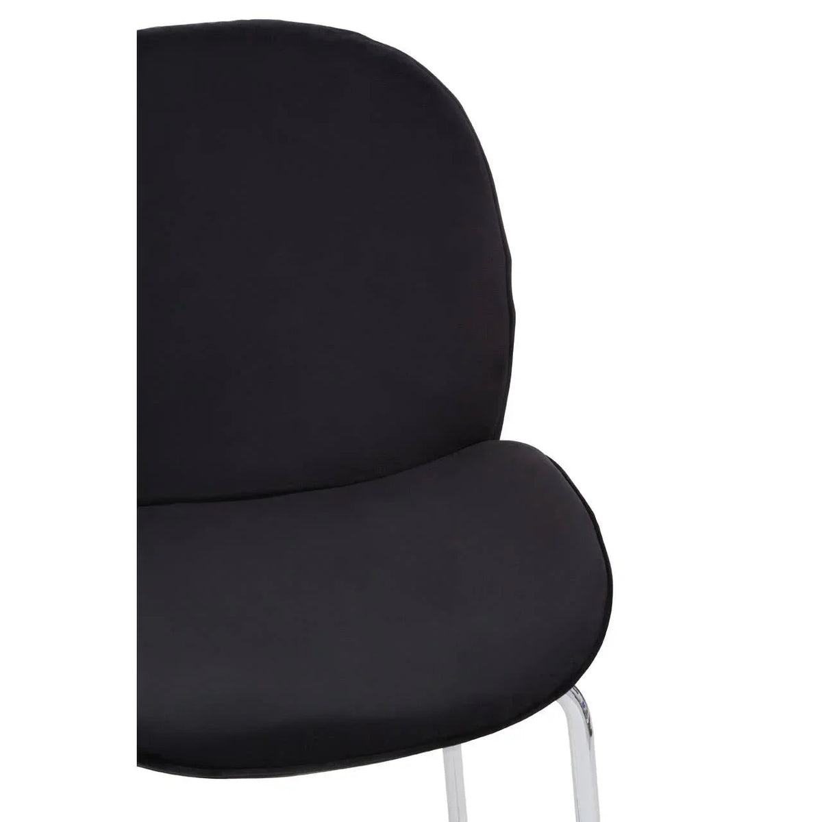 Close-up of black dining chair with chrome legs and rounded padded seat