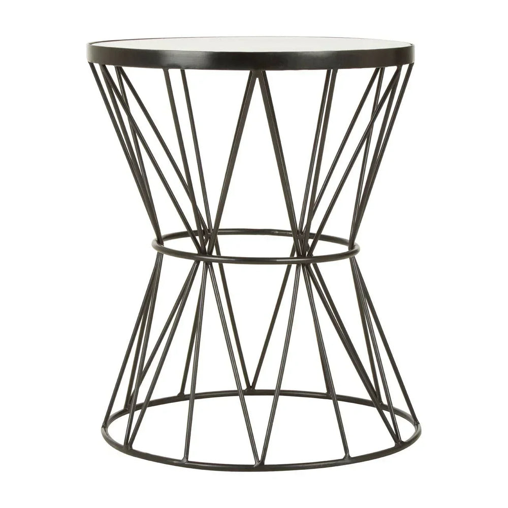 Round metal side table with geometric wire frame and black finish