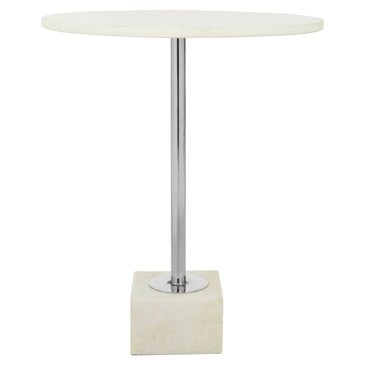 Round white marble side table with chrome metal leg and cube base, front view