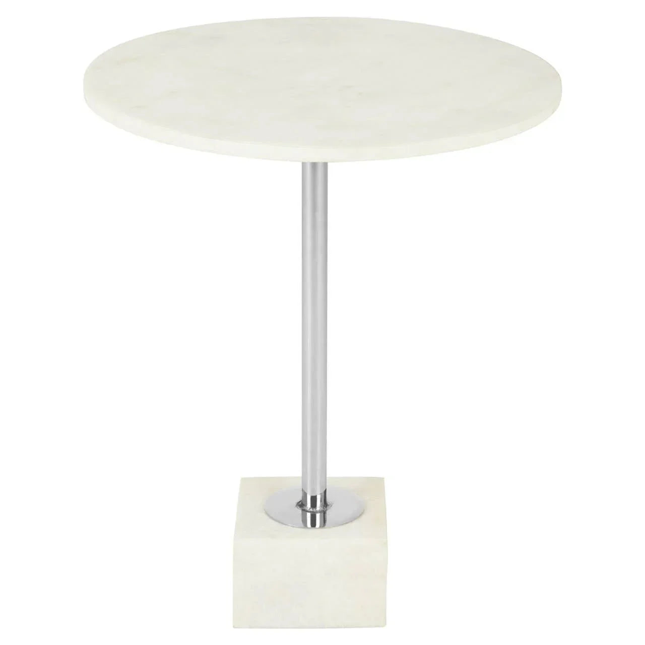 Round white marble side table with chrome metal leg and square marble base