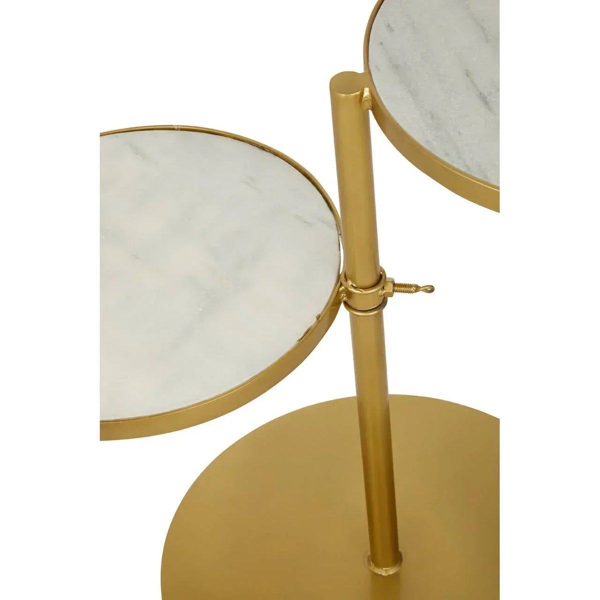 Round marble and gold side table with dual-tier design, close-up of tabletop surfaces