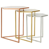 Set of three hexagonal metal nesting tables in copper, gold, and silver finish