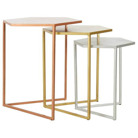Set of three hexagonal metal nesting tables in copper, gold, and silver finish