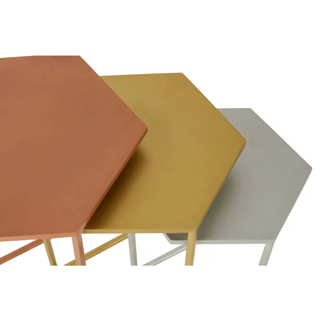 Set of three hexagonal nesting tables in orange, yellow, and grey metal finish