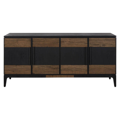 Oakwood Black and Natural Textured Sideboard with Four Cabinets and Carved Legs