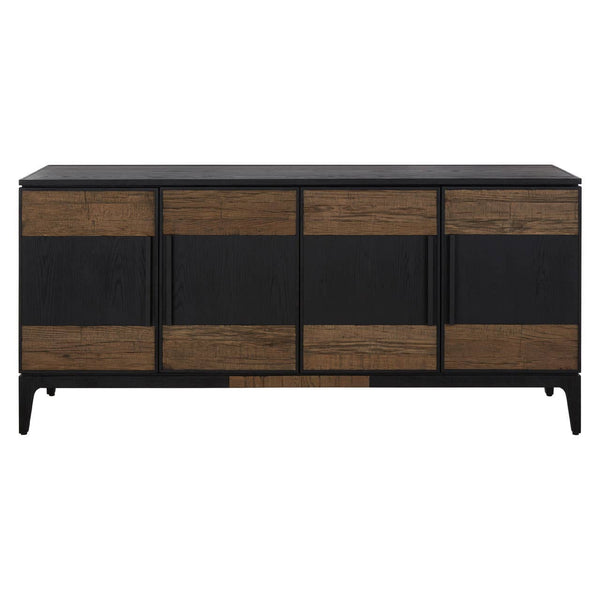 Oakwood Black and Natural Textured Sideboard with Four Cabinets and Carved Legs