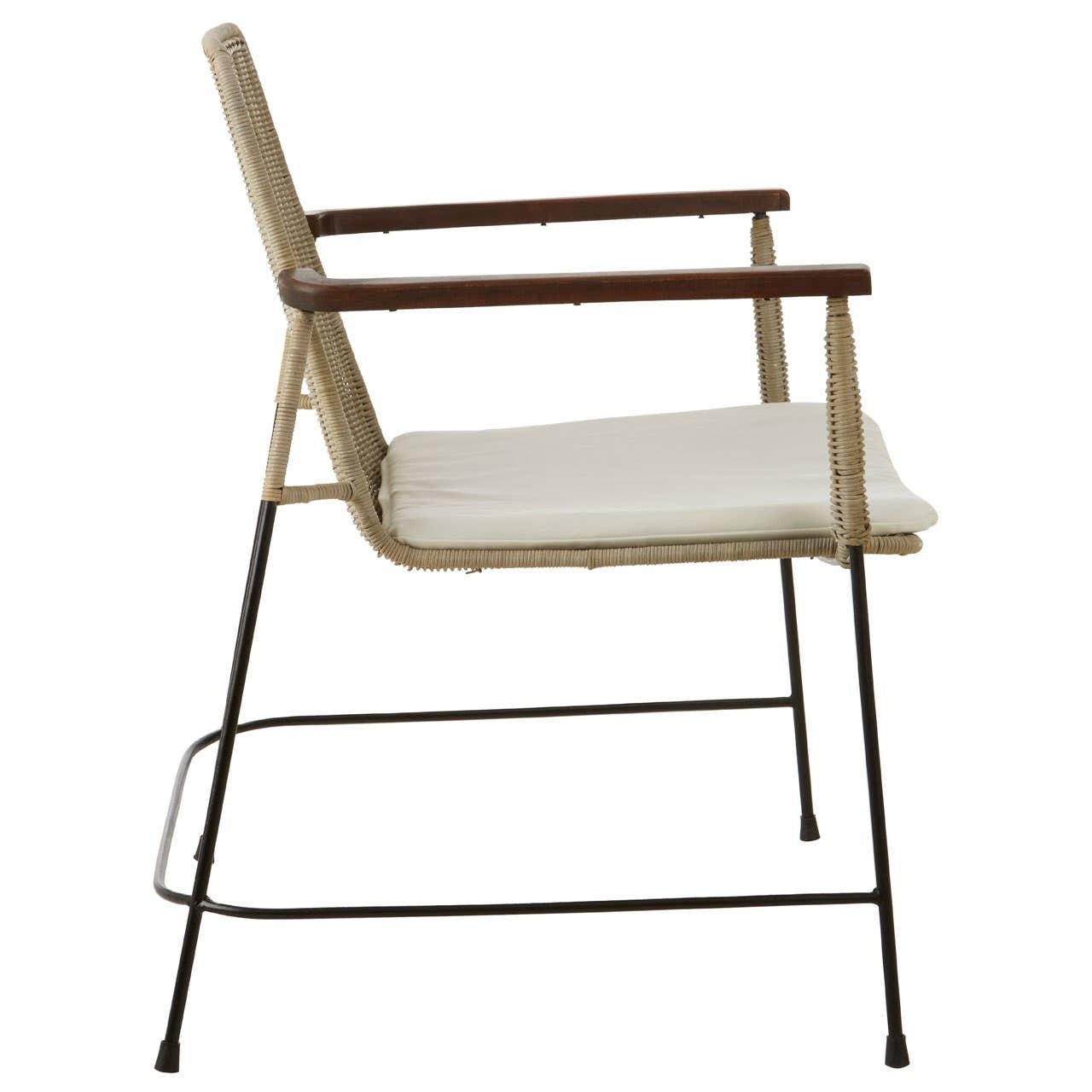 Natural rattan chair featuring a traditional design with a light-colored seat cushion, wooden armrests, and a sleek metal frame, viewed from the side