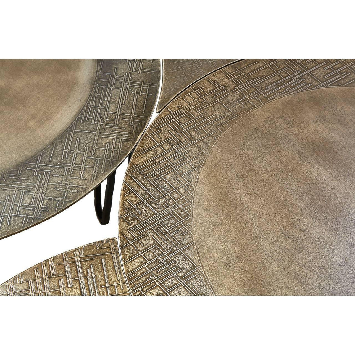 Bronze metal nesting coffee tables with geometric textured pattern and round tops