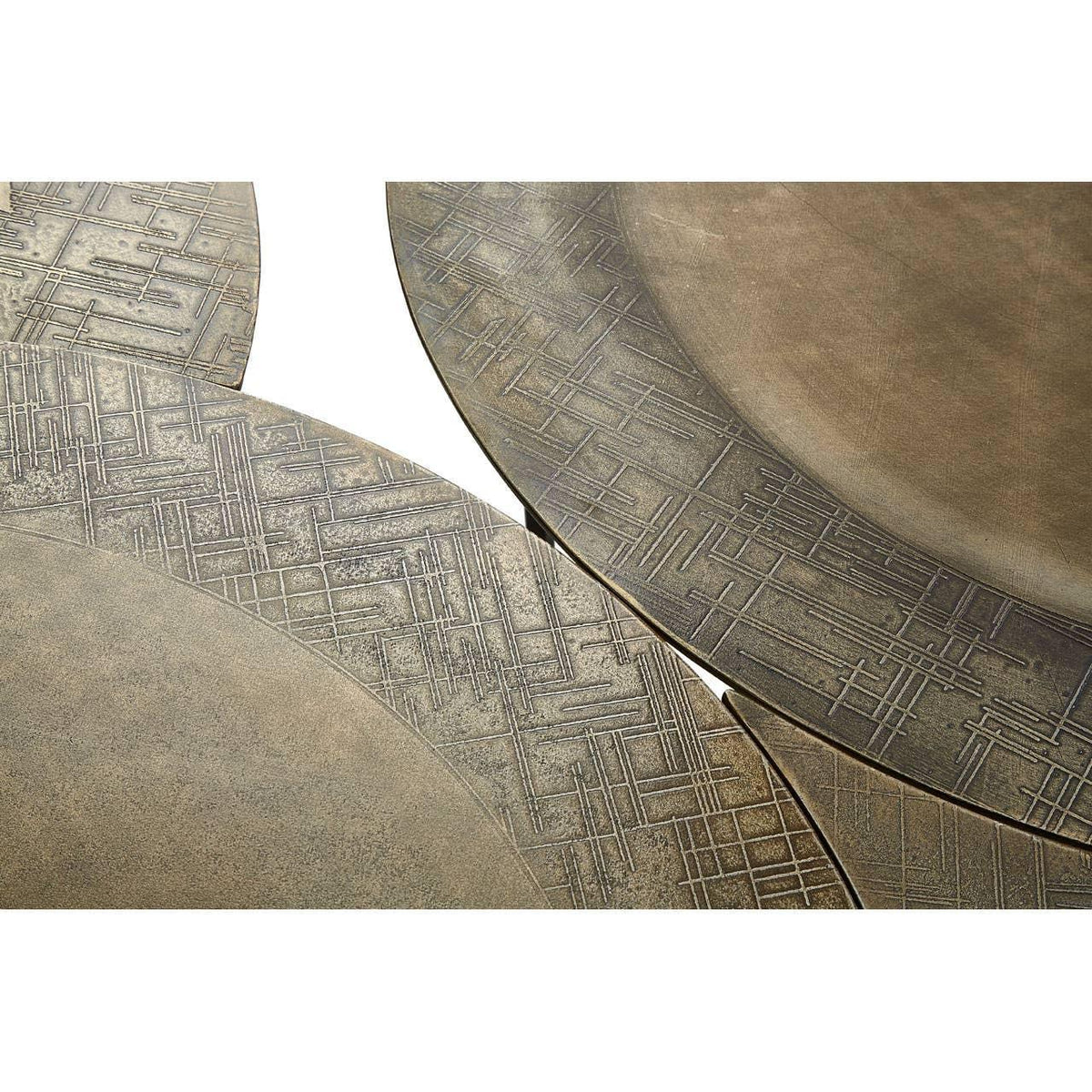 Bronze nesting tables with textured geometric pattern and round tops