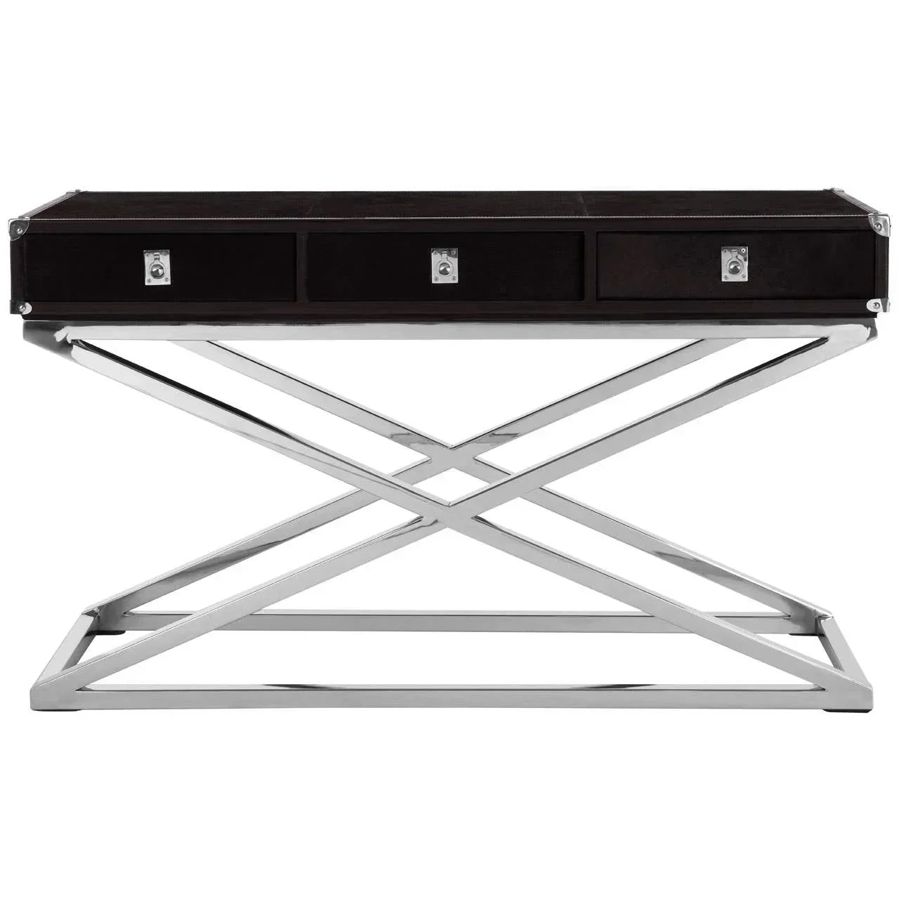 Black desk with three drawers and chrome crossed metal legs, modern home office furniture