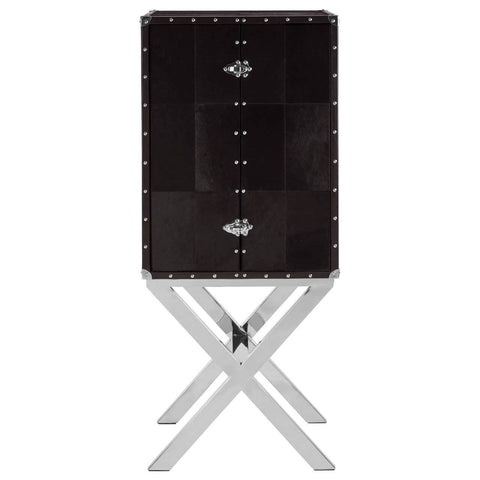 A drinks cabinet featuring a hair-on-leather exterior in a rich dark color, with a sleek cross base made of polished metal. The cabinet has a modern design with five circular handles and a symmetrical layout, providing a stylish storage solution for beverages