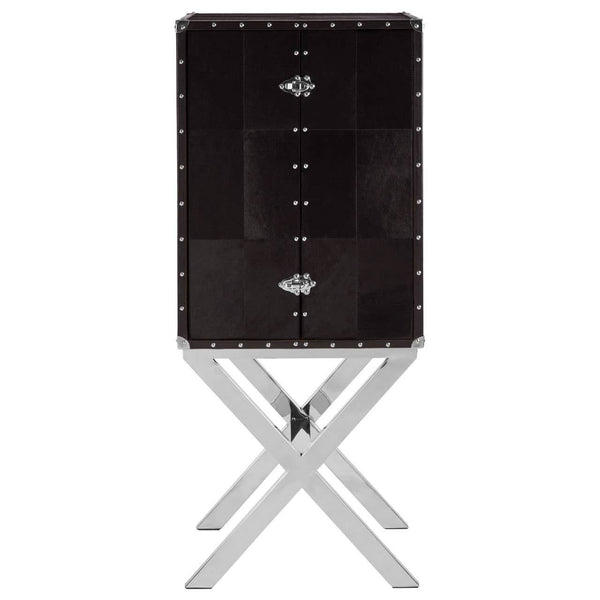 A drinks cabinet featuring a hair-on-leather exterior in a rich dark color, with a sleek cross base made of polished metal. The cabinet has a modern design with five circular handles and a symmetrical layout, providing a stylish storage solution for beverages