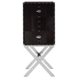 A drinks cabinet featuring a hair-on-leather exterior in a rich dark color, with a sleek cross base made of polished metal. The cabinet has a modern design with five circular handles and a symmetrical layout, providing a stylish storage solution for beverages