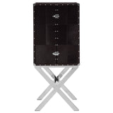 A drinks cabinet featuring a hair-on-leather exterior in a rich dark color, with a sleek cross base made of polished metal. The cabinet has a modern design with five circular handles and a symmetrical layout, providing a stylish storage solution for beverages