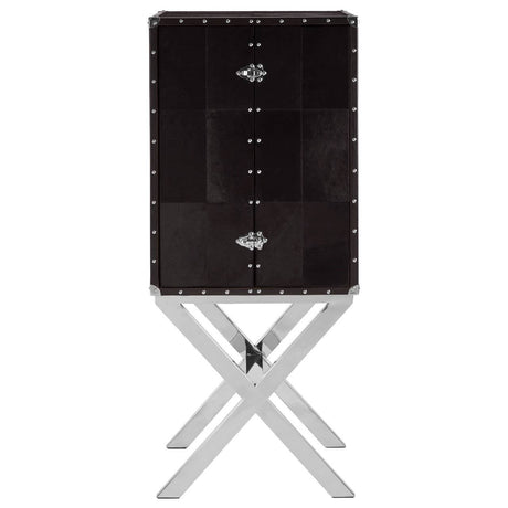 A drinks cabinet featuring a hair-on-leather exterior in a rich dark color, with a sleek cross base made of polished metal. The cabinet has a modern design with five circular handles and a symmetrical layout, providing a stylish storage solution for beverages