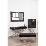 A stylish drinks cabinet featuring a hair-on leather exterior with a cross base design, complemented by a sleek mirror and a matching console table. The cabinet has two doors and is set against a light-colored wall, with a wooden floor visible beneath