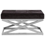 Velvet bench with black cushioned seat and chrome cross metal base, side view