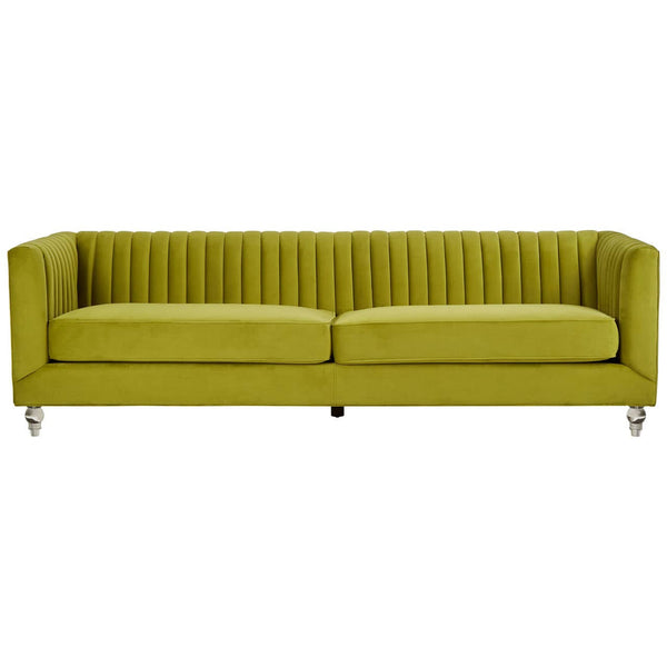 Three-seat sofa upholstered in vibrant green velvet, featuring a channel-tufted design on the backrest and seat cushions. The sofa has sleek, silver metal legs that elevate it slightly off the ground, adding a modern touch to its overall aesthetic
