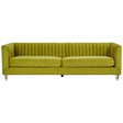 Three-seat sofa upholstered in vibrant green velvet, featuring a channel-tufted design on the backrest and seat cushions. The sofa has sleek, silver metal legs that elevate it slightly off the ground, adding a modern touch to its overall aesthetic