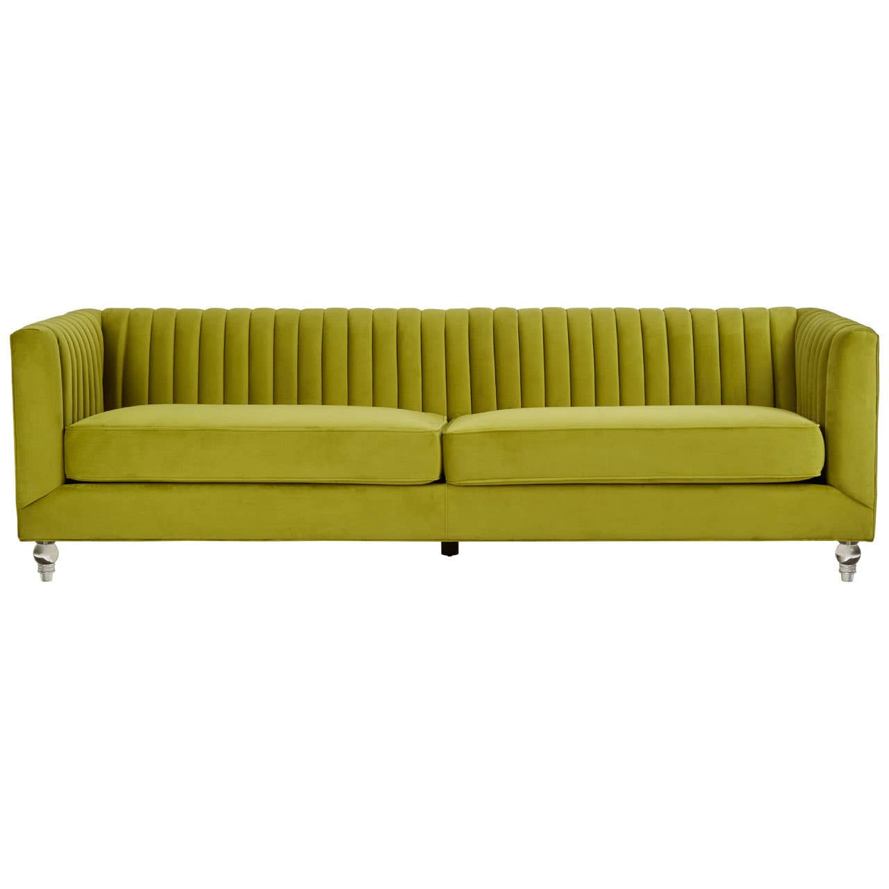 Three-seat sofa upholstered in vibrant green velvet, featuring a channel-tufted design on the backrest and seat cushions. The sofa has sleek, silver metal legs that elevate it slightly off the ground, adding a modern touch to its overall aesthetic