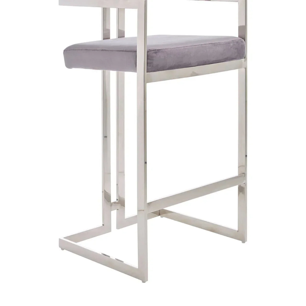 Chrome frame bar stool with grey velvet seat cushion, side angle view