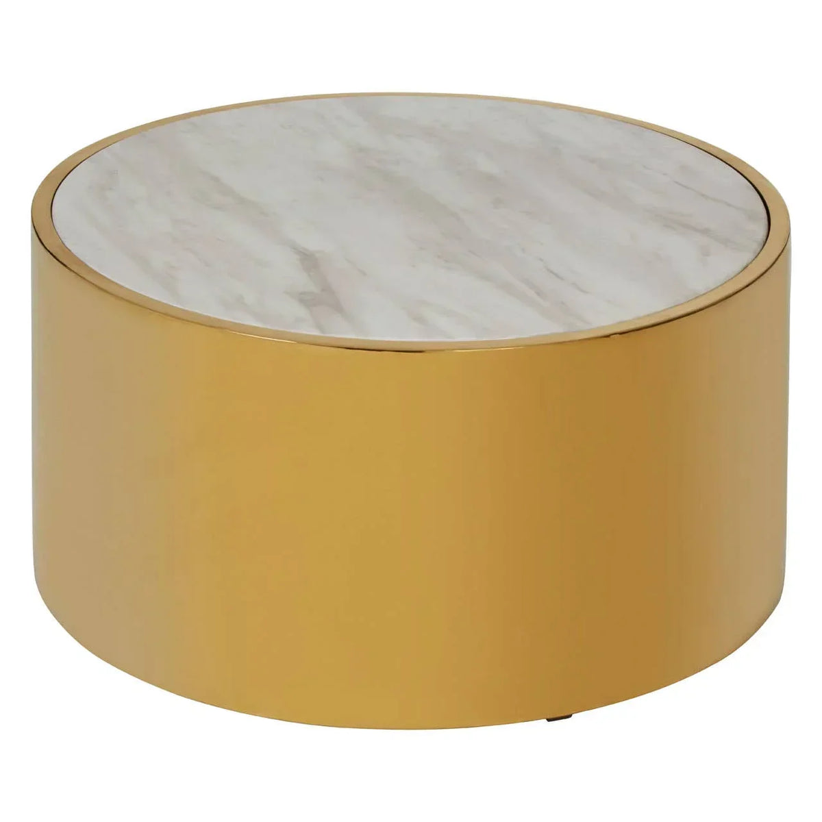 Round gold coffee table with marble effect top, modern design, studio background