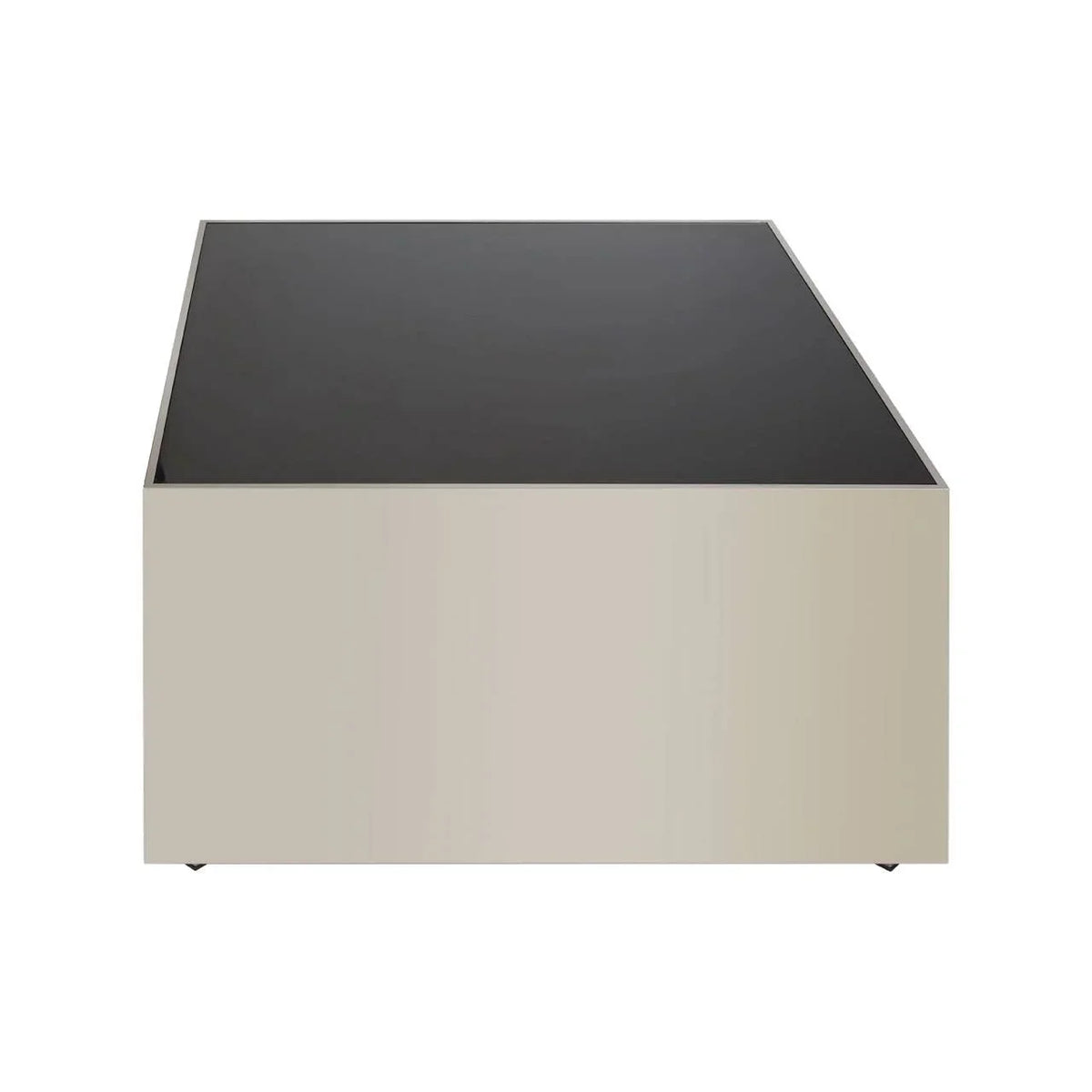 Modern square coffee table with black glass top and beige sides, front view