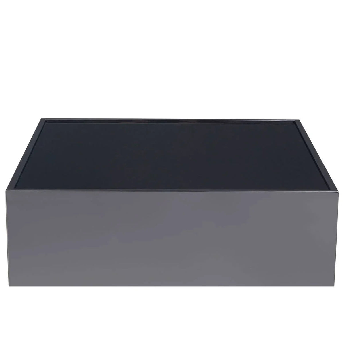 Rectangular black glass coffee table with high gloss grey base, front view