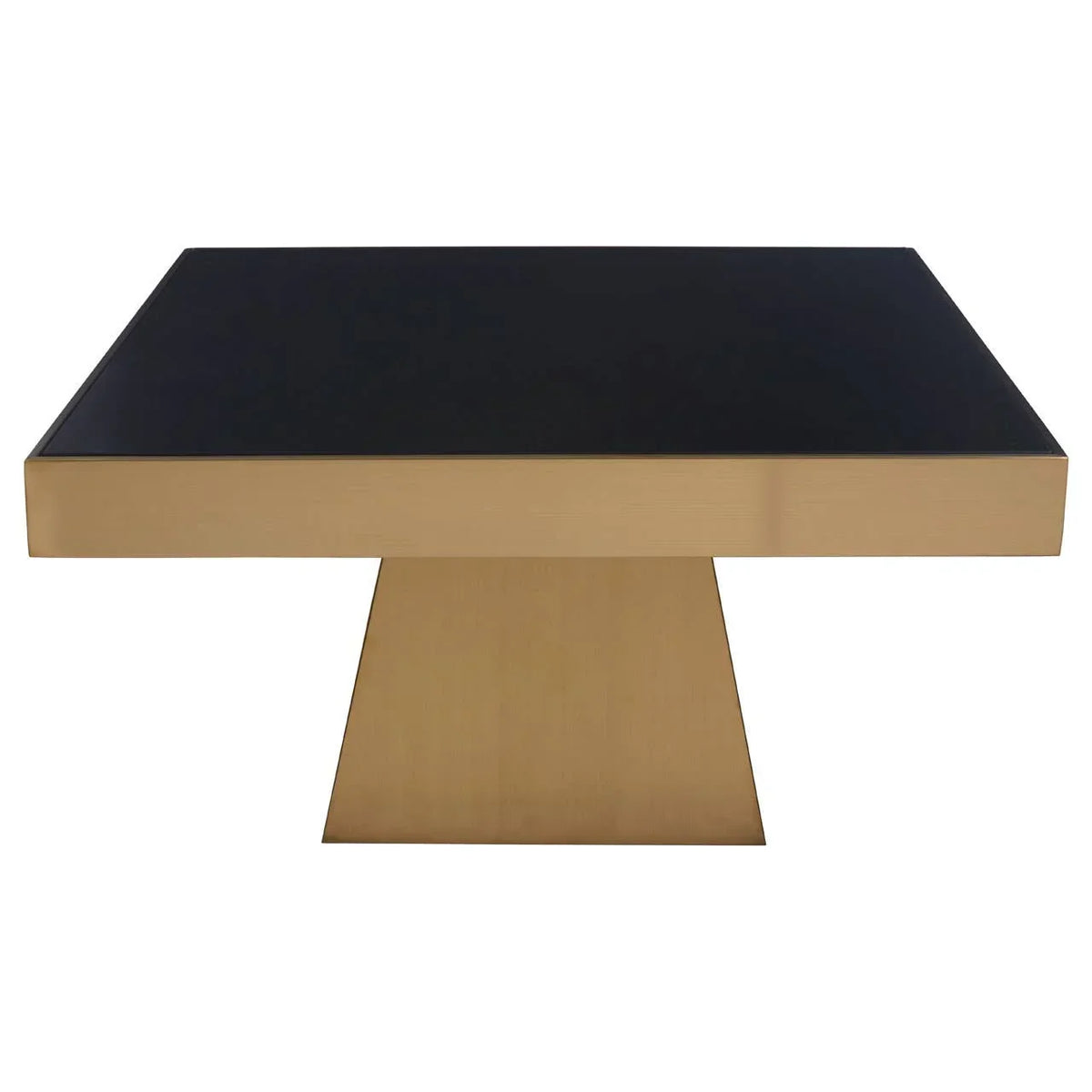 Square dining table with black top and gold pedestal base