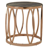 Round marble top side table with rose gold metal base and geometric frame design