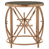 Round bronze metal side table with geometric frame and black glass top