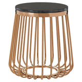Round side table with black marble top and gold metal wire base