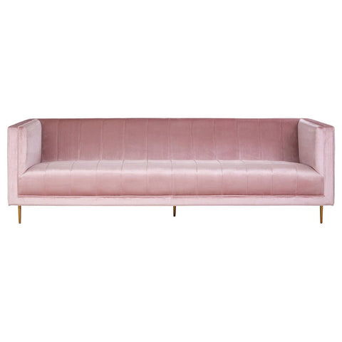 A three-seat sofa upholstered in soft pink fabric, featuring a minimalist design with clean lines and no visible armrests. The sofa is supported by sleek, golden metal legs, adding a modern touch to its overall aesthetic