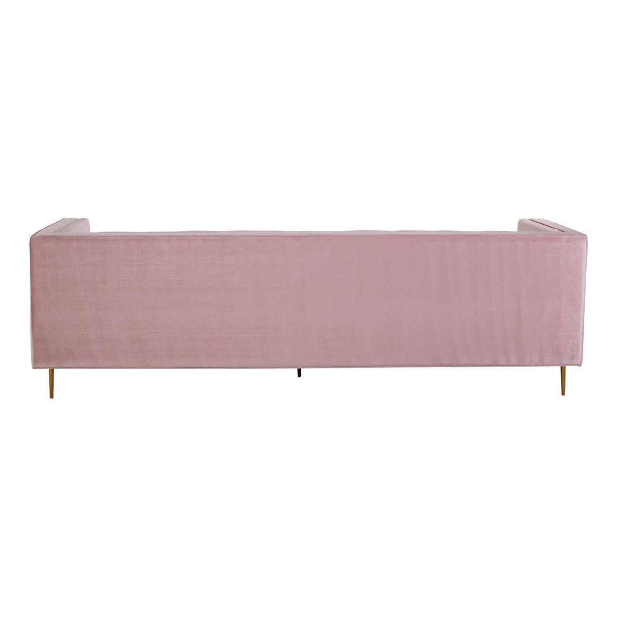 A three-seat sofa upholstered in a soft pink fabric, featuring a minimalist design with clean lines and a low back. The sofa is supported by slender wooden legs, adding a touch of elegance to its overall appearance