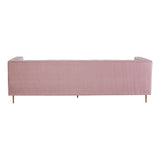A three-seat sofa upholstered in a soft pink fabric, featuring a minimalist design with clean lines and a low back. The sofa is supported by slender wooden legs, adding a touch of elegance to its overall appearance