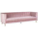 Three-seat sofa upholstered in soft pink fabric with a sleek, modern design. The sofa features a straight back and arms, providing a minimalist aesthetic. It is supported by slender, gold-colored legs, adding a touch of elegance to the overall look