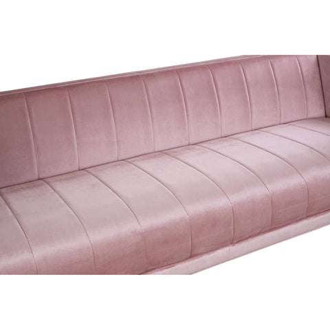 A pink three-seat sofa with a smooth, textured fabric featuring vertical stitching along the backrest and seat cushions, showcasing a modern and stylish design