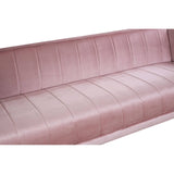 A pink three-seat sofa with a smooth, textured fabric featuring vertical stitching along the backrest and seat cushions, showcasing a modern and stylish design