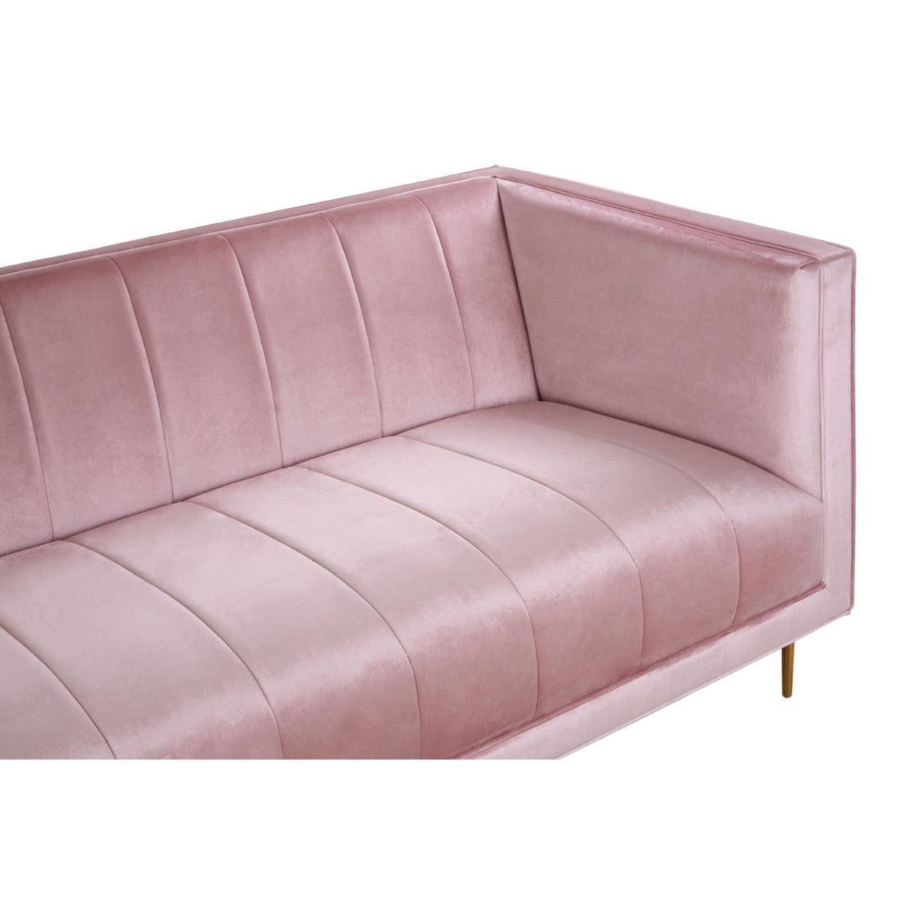 A stylish three-seat sofa upholstered in soft pink fabric, featuring a modern design with vertical stitching and clean lines. The sofa has a low back and armrests, complemented by sleek gold legs that add a touch of elegance
