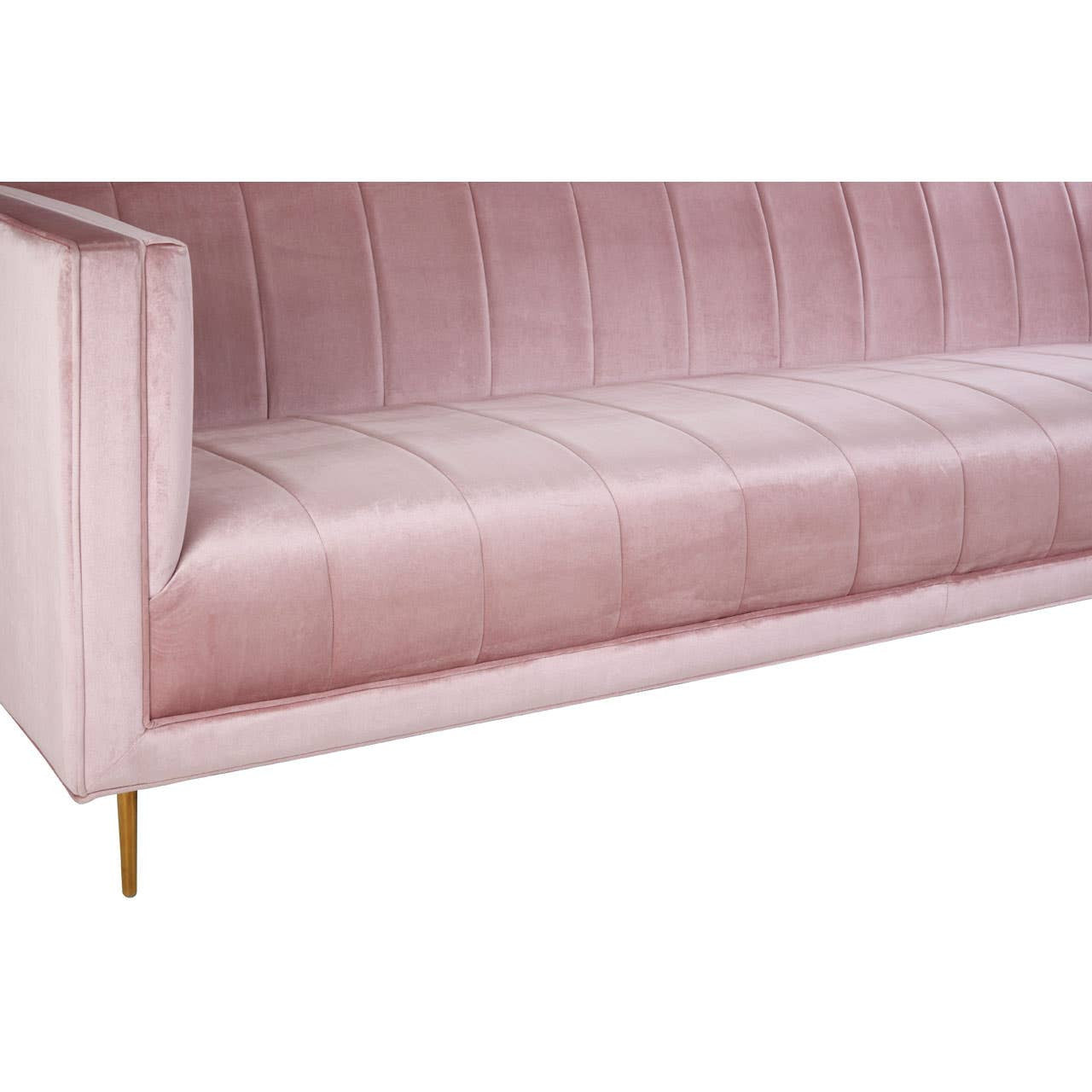 A stylish three-seat sofa upholstered in soft pink fabric, featuring a sleek design with vertical tufting on the backrest and seat. The sofa has elegant gold metal legs that elevate its modern aesthetic