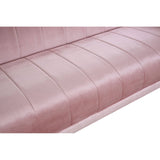 Soft pink upholstery of a three-seat sofa with a sleek, modern design featuring horizontal stitching across the seat cushions. The sofa has a low profile and clean lines, making it suitable for contemporary living spaces