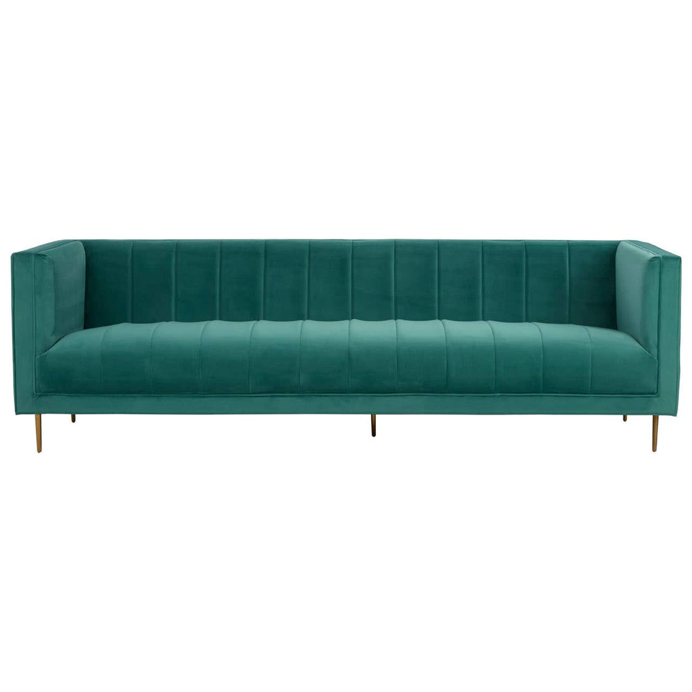 Three-seat sofa upholstered in a rich green fabric, featuring a sleek, modern design with vertical tufting on the backrest. The sofa is supported by slender, gold-colored metal legs, adding an elegant touch to its contemporary style