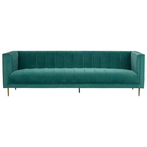 Three-seat sofa upholstered in a rich green fabric, featuring a sleek, modern design with vertical tufting on the backrest. The sofa is supported by slender, gold-colored metal legs, adding an elegant touch to its contemporary style