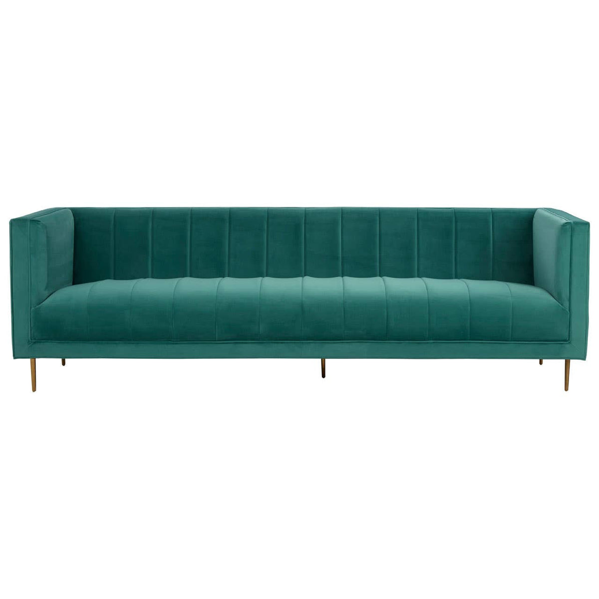 Three-seat sofa upholstered in a rich green fabric, featuring a sleek, modern design with vertical tufting on the backrest. The sofa is supported by slender, gold-colored metal legs, adding an elegant touch to its contemporary style