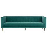 Three-seat sofa upholstered in a rich green fabric, featuring a sleek, modern design with vertical tufting on the backrest. The sofa is supported by slender, gold-colored metal legs, adding an elegant touch to its contemporary style